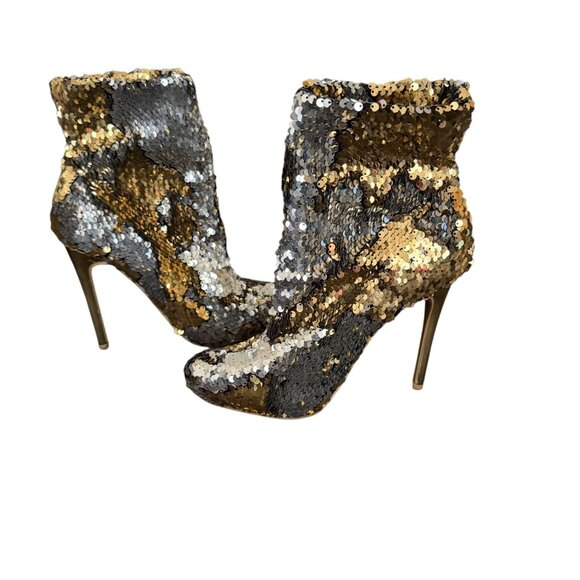 Shoes - Sequin High Heel Stiletto Ankle Boots In Gold & Silver Size 6.5